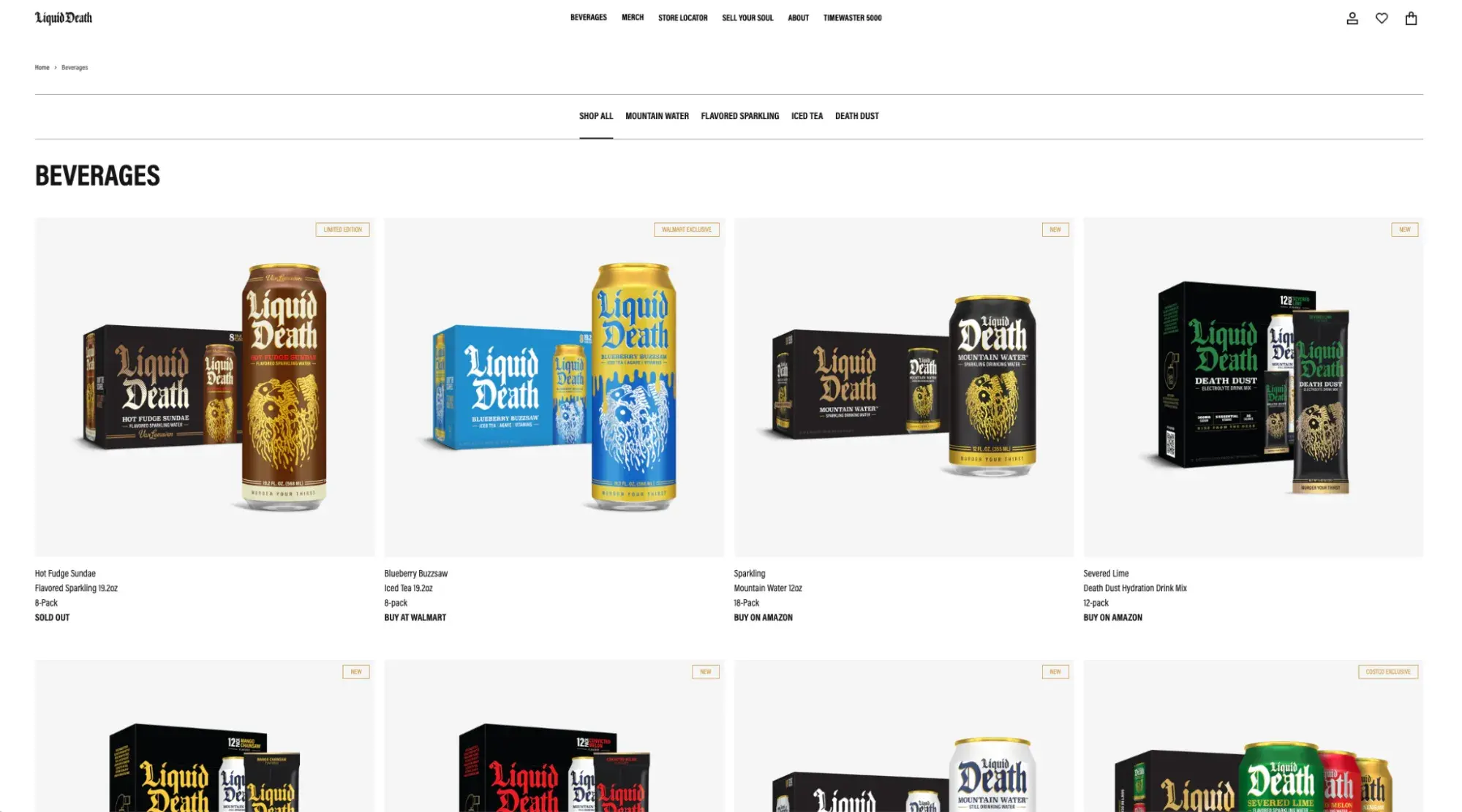 Screenshot of the Liquid Death website showing their product selection.