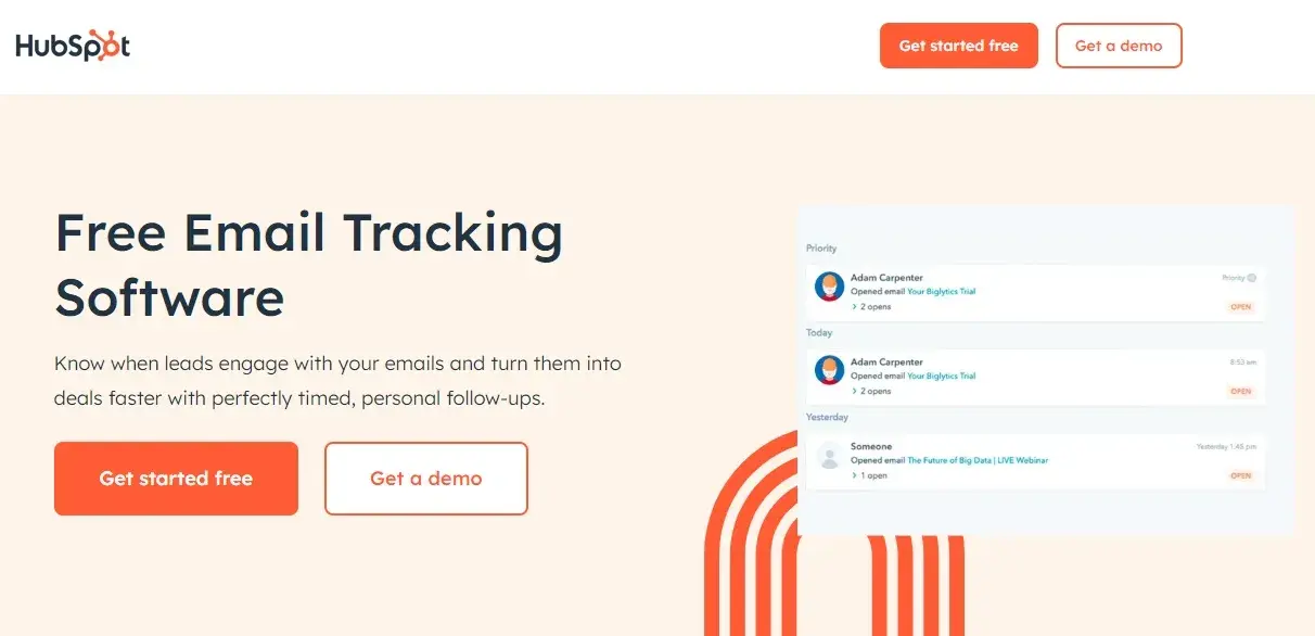 Screenshot of HubSpot’s free email tracking paid ad landing page