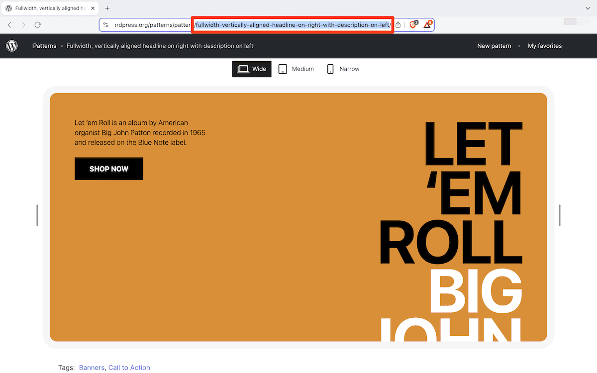 A close-up of a browser address bar highlighting the slug from the URL in the toolbar. The rest of the screen shows an orange hero image pattern complete with a large heading, small description, and a Shop Now button.