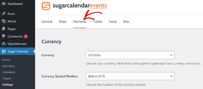 Payments tab sugar calendar