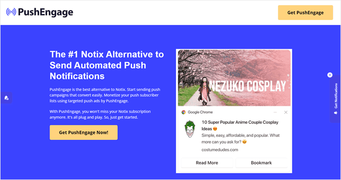 PushEngage's landing page