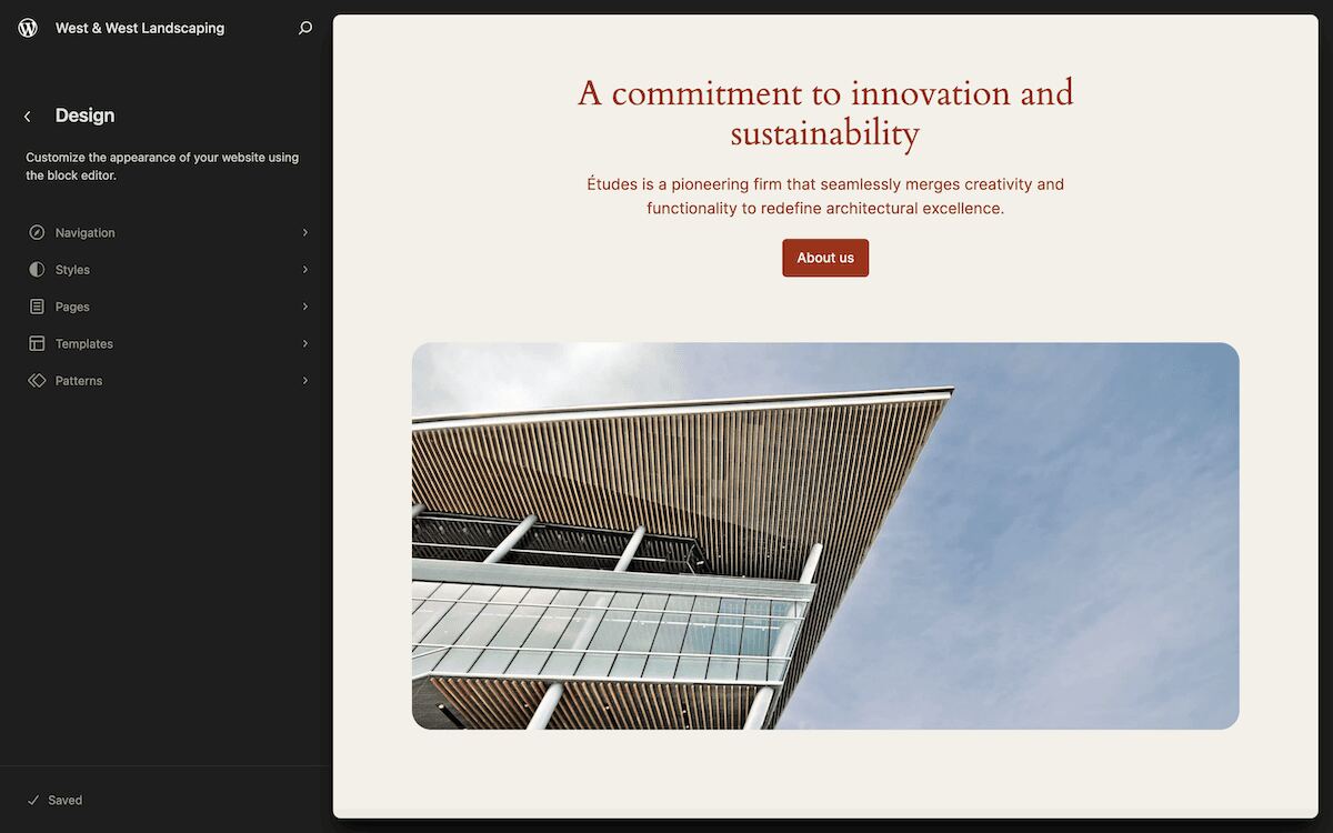 The WordPress Site Editor interface. The left-hand sidebar shows design customization options, while the main area displays a website homepage design featuring a heading about innovation and sustainability, along with an image of a modern architectural structure.