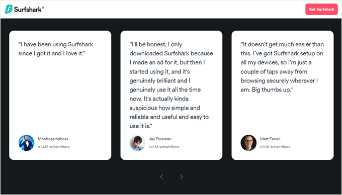 Surfshark's rotating testimonials