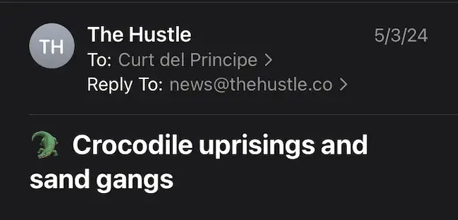 Screenshot of a Hustle Headline, “Crocodile uprisings and sand gangs”]