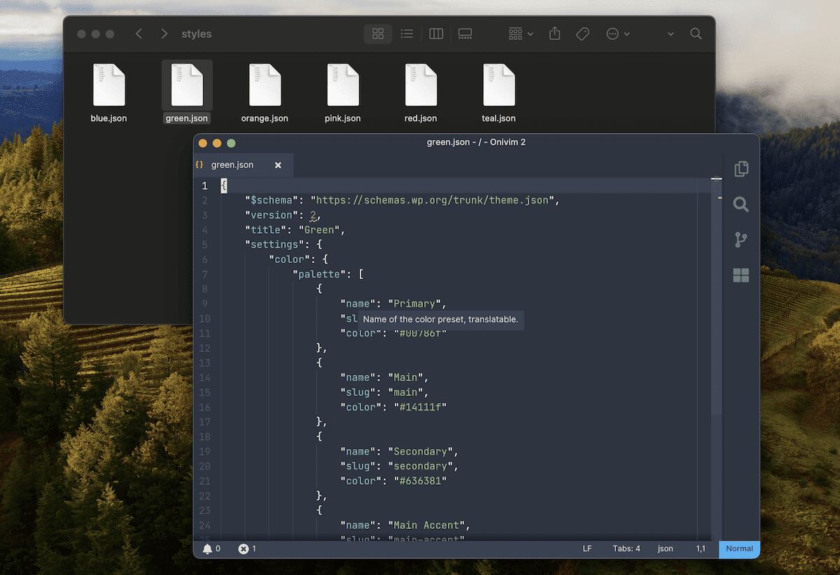 The macOS interface showing two windows. The background window displays a file explorer with multiple JSON files for different color schemes. The foreground window shows a code editor open to green.json, which contains theme color settings for a green color scheme.