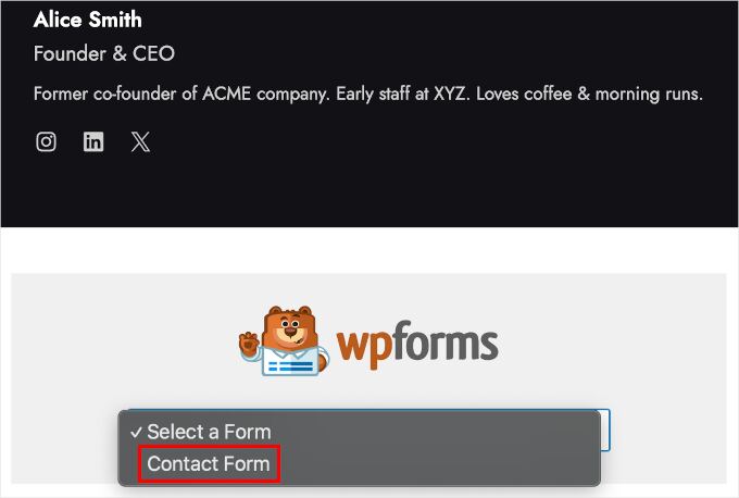 The Contact Form option in the WPForms' block's dropdown