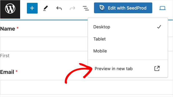 The Preview in new tab button on the WordPress block editor