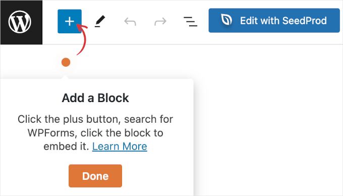 The + button for adding a new block on the WordPress block editor