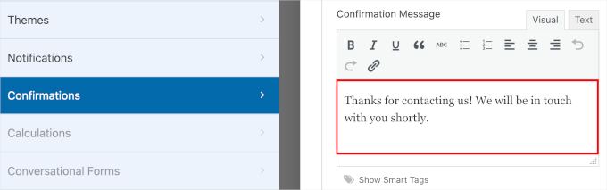 The Confirmation Message field in WPForms' Confirmation section in the Settings panel