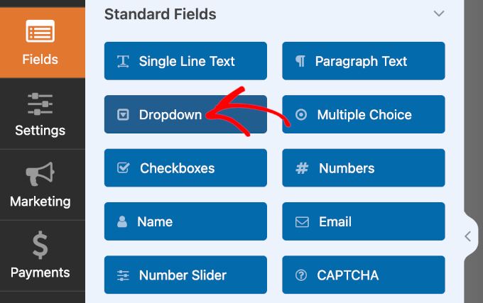 The Dropdown option in WPForm's Fields panel