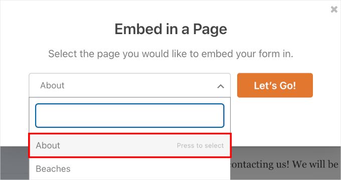 The About option when embedding a form in an existing page