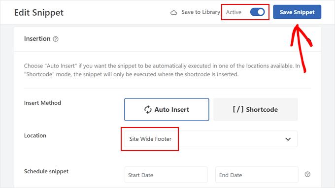 Choosing Site Wide Footer location in WPCode