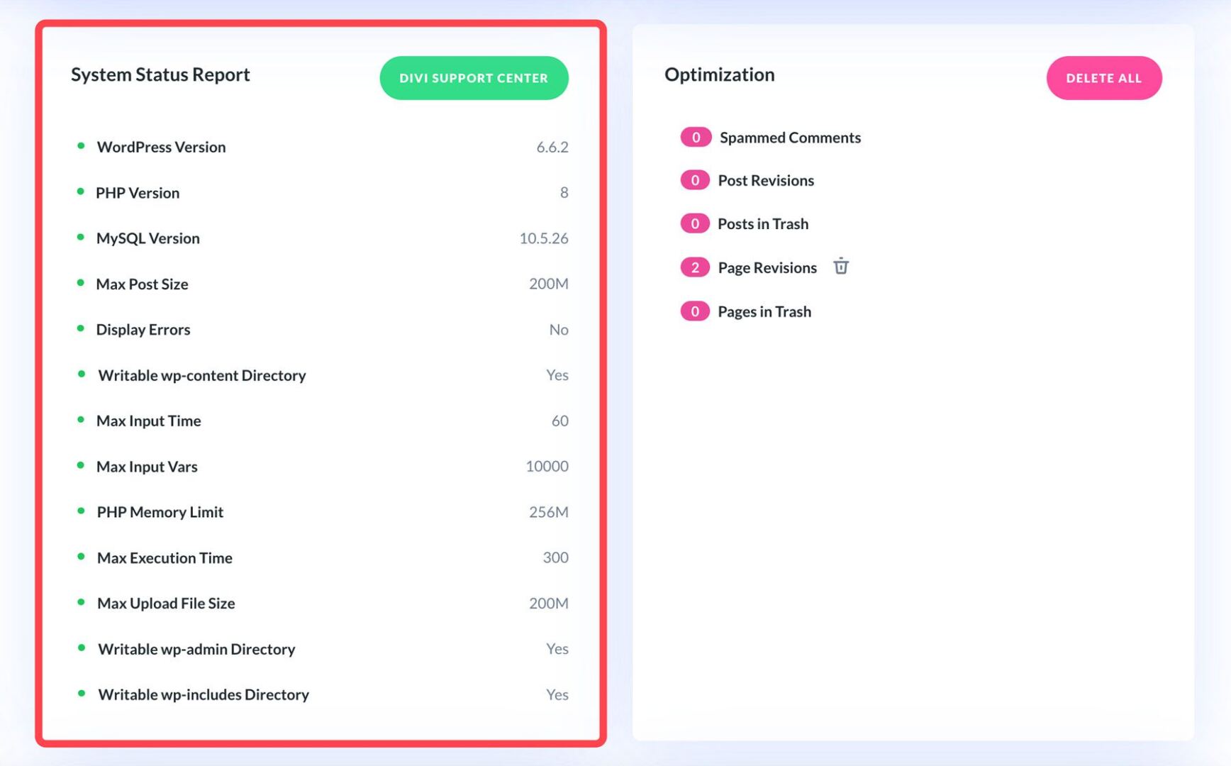 Divi Dash system status report