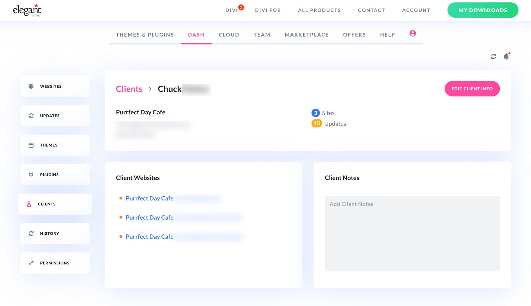 Divi Dash client dashboard 