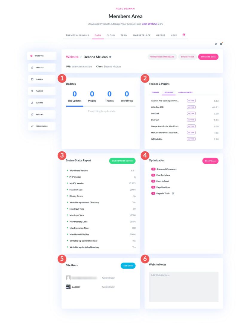 divi dash site dashboard