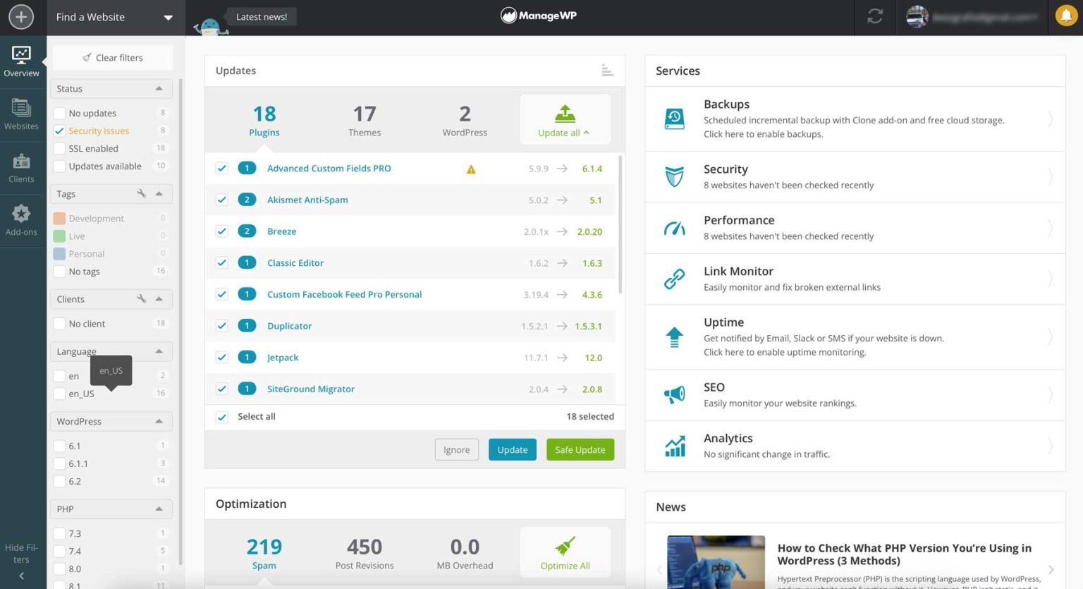 managewp detailed dashboard