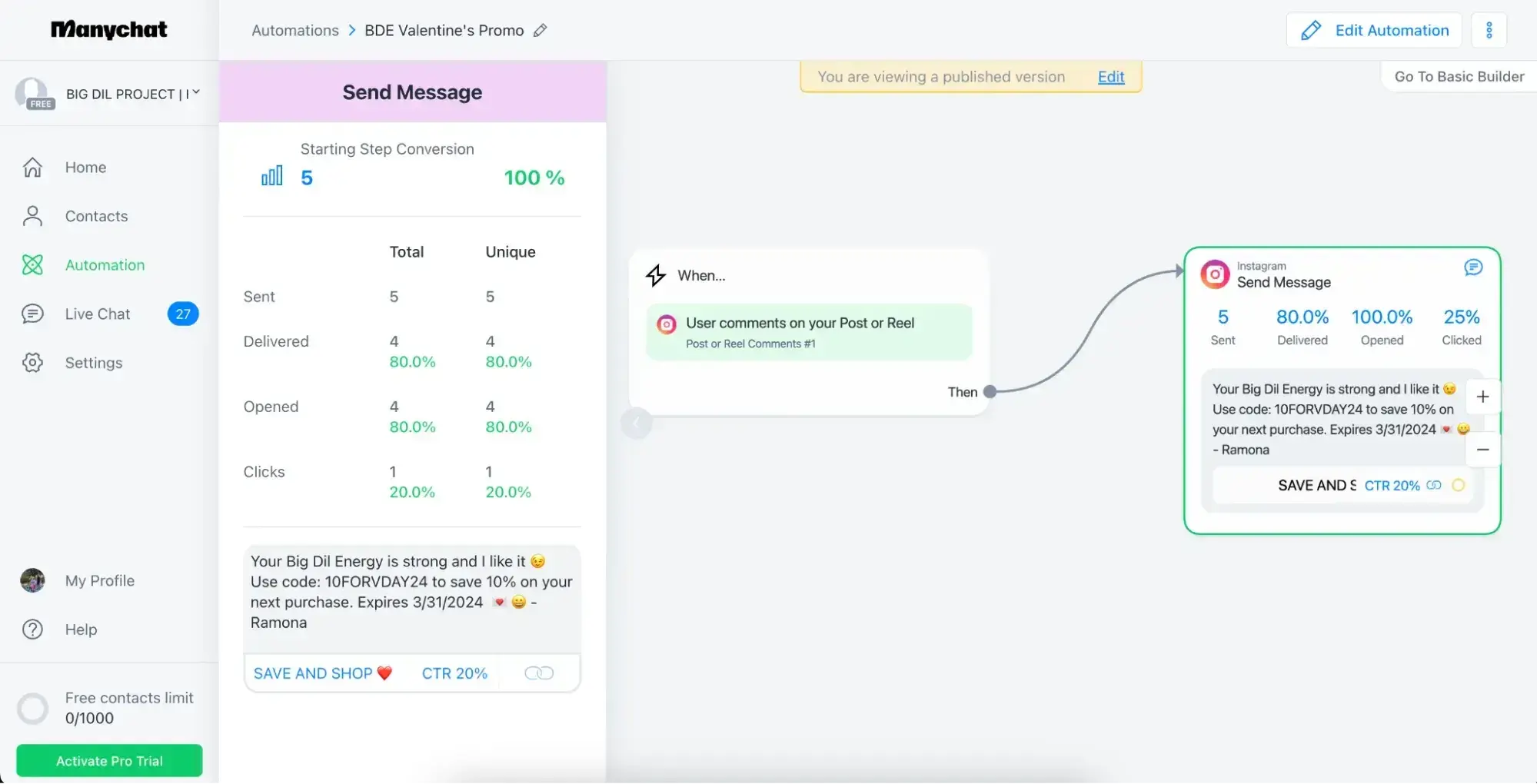 Screenshot showing what automation can look like on the backend of ManyChat