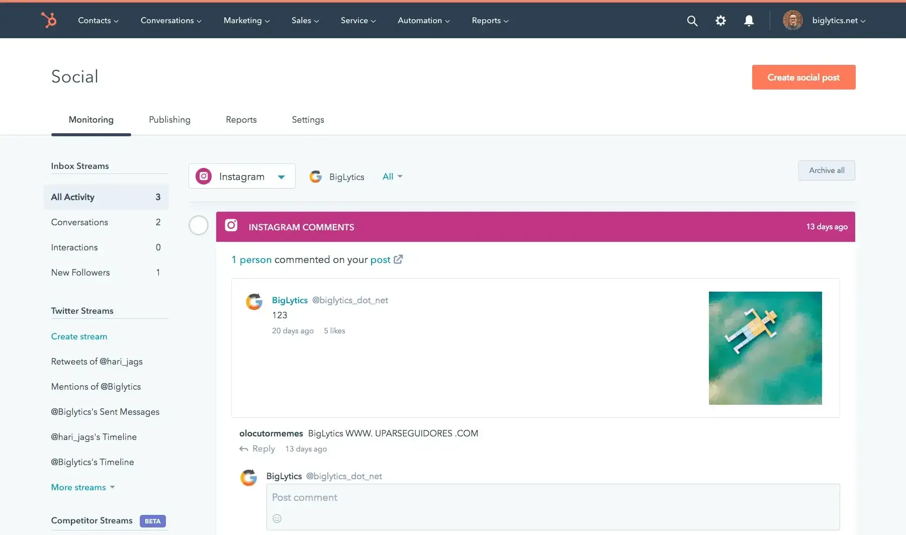 Screenshot showing HubSpot social monitoring tools