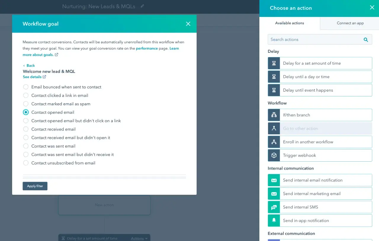 Screenshot showing what it’s like building a workflow in HubSpot