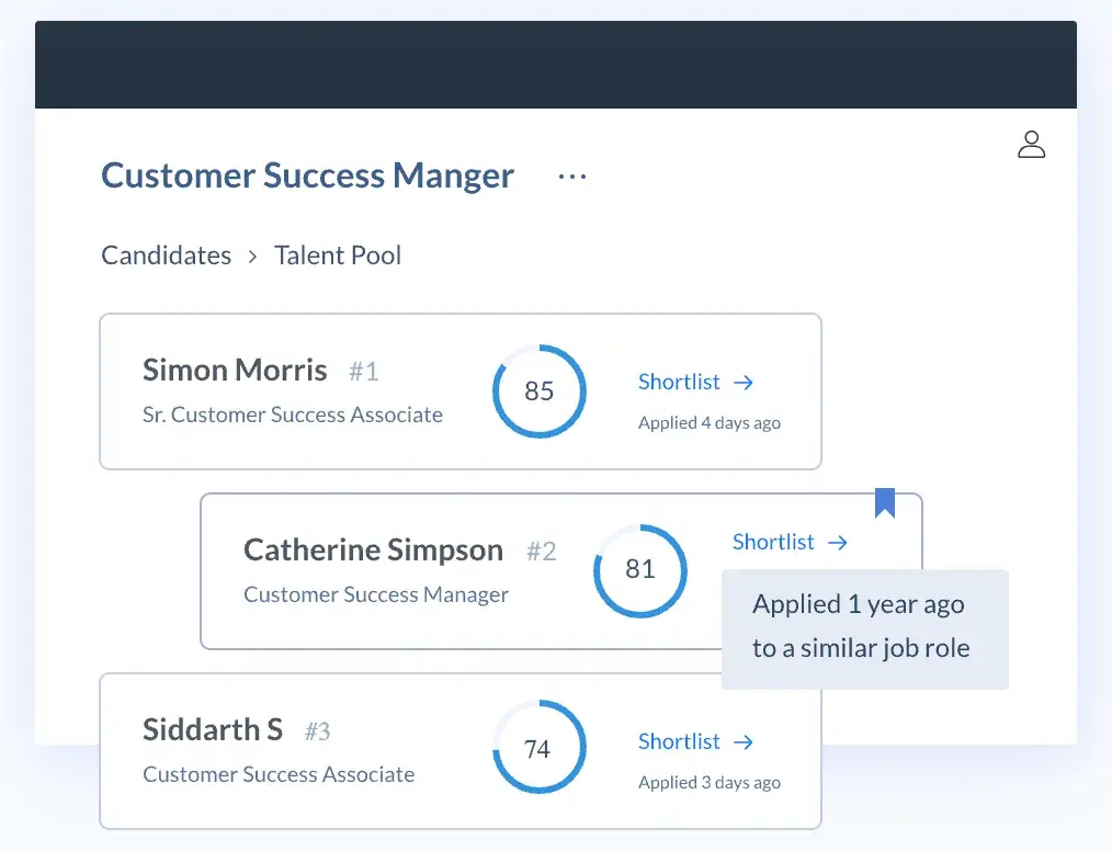 ai recruiting software, screenshot of the Skillate’s Customer Success Manager widget, displaying various candidates in the talent pool and their percentage of fitness for the role.