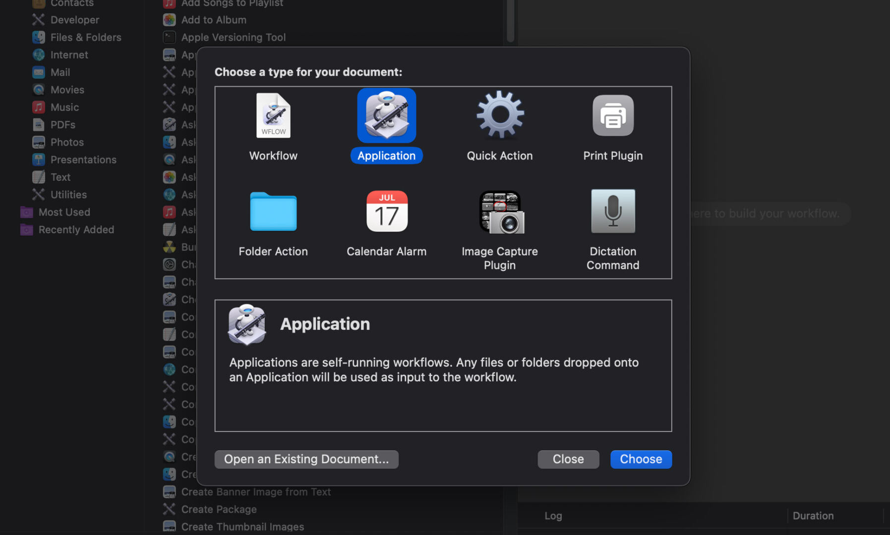 Automator app interface with Application selected