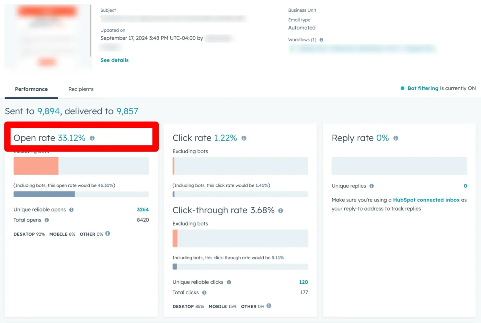 Screenshot showing how you can view your email open rate in HubSpot