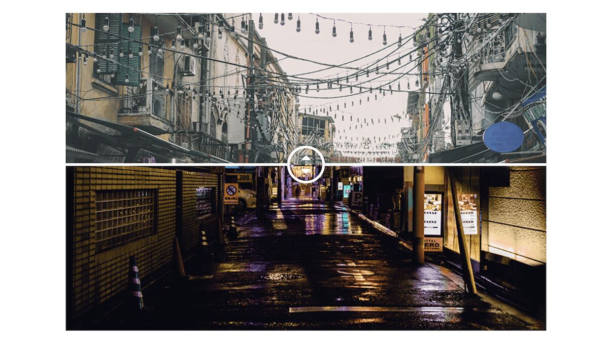 Two contrasting urban scenes are presented vertically. The top image shows a daytime view of a crowded street with buildings and numerous hanging electrical wires and light bulbs. The bottom image depicts a dimly lit, wet alleyway at night with neon signs and vending machines visible in the distance.