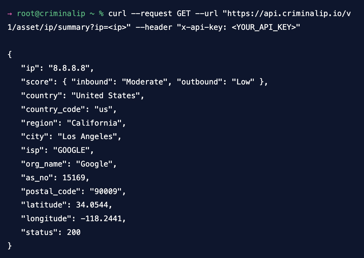 Criminal IP API displaying data in JSON format