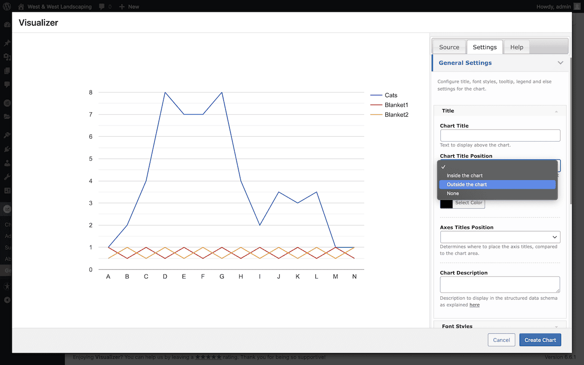 The Visualizer Settings tab, which shows a line graph interface with three data series labeled Cats, Blanket1, and Blanket2. The right-hand side shows the options to adjust General Settings, including a drop-down menu to set the position of the chart title.