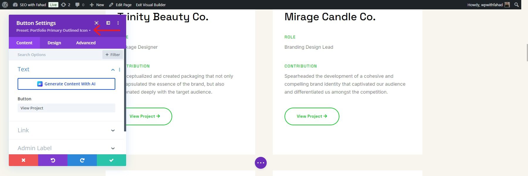 divi portfolio button preset dropdown menu