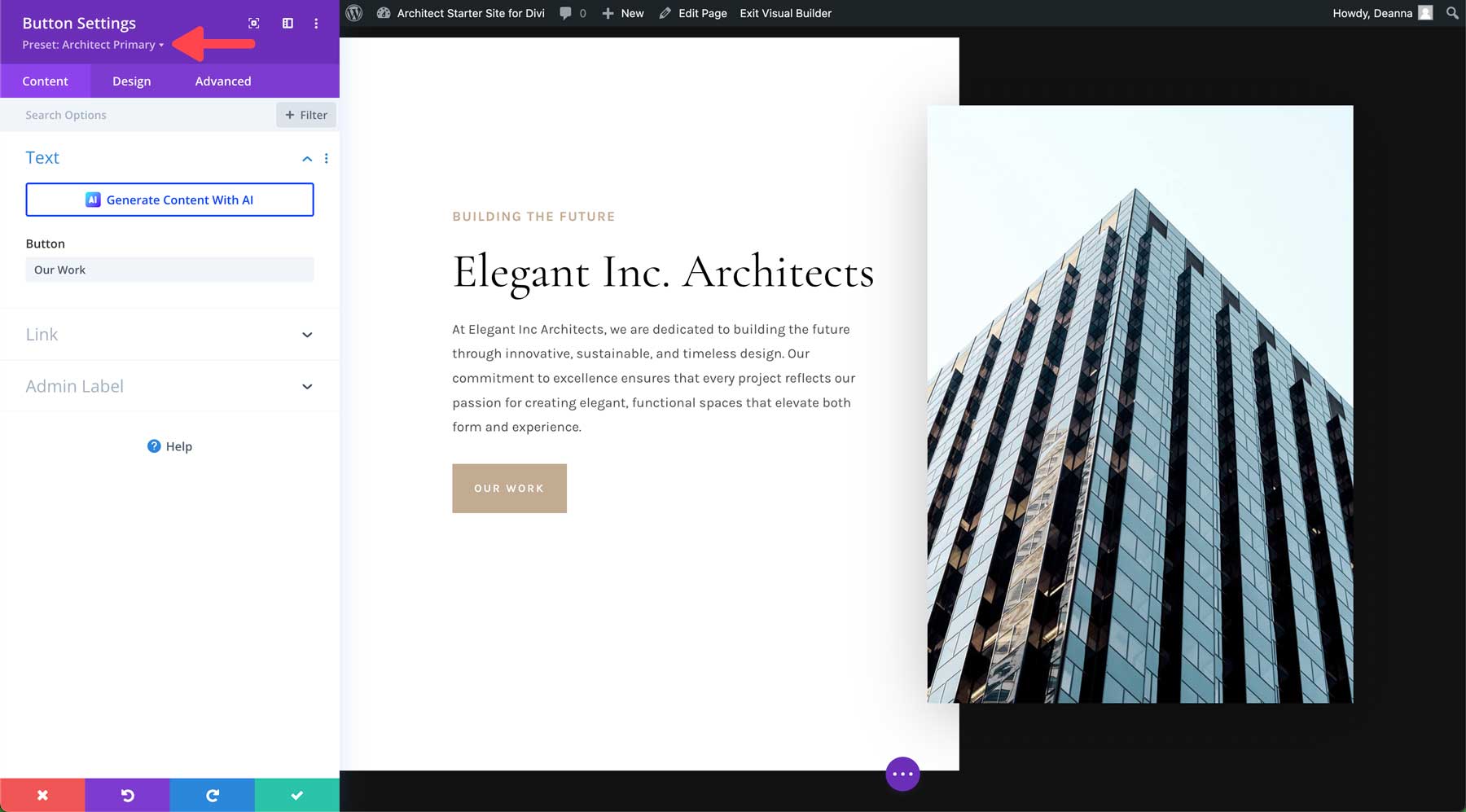 Architect starter site for Divi