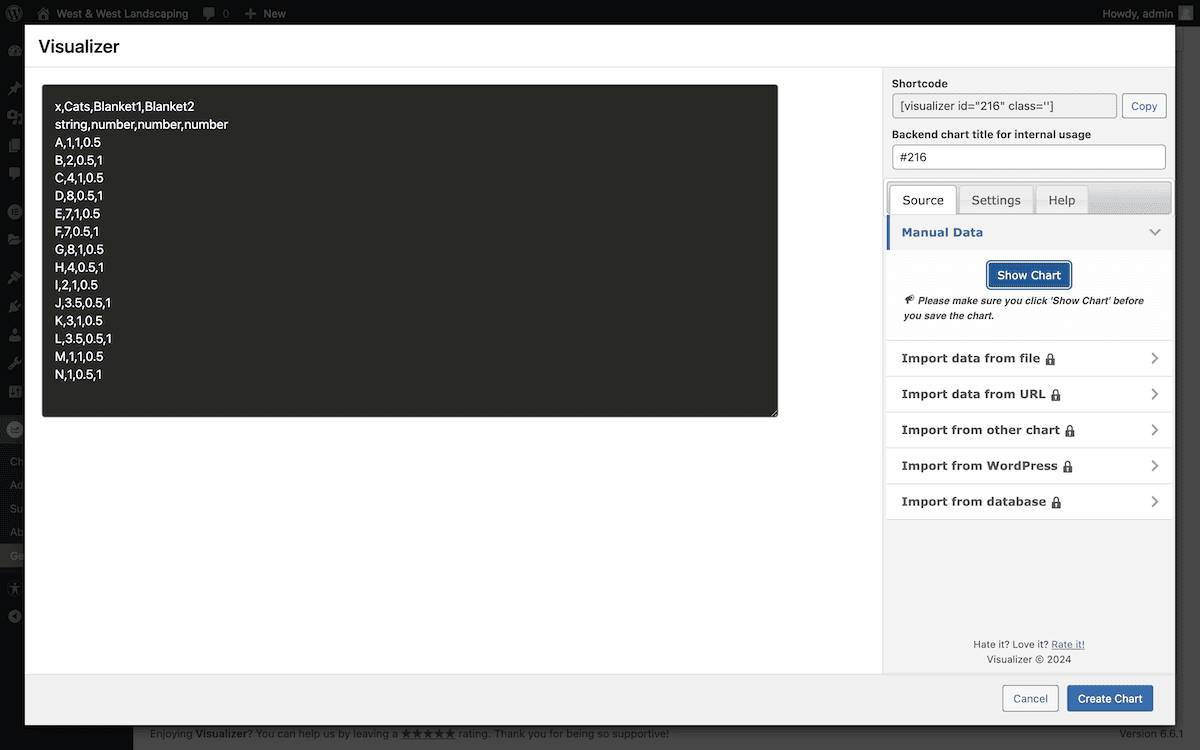 The data editing interface for Visualizer. The left-hand side shows a text area with comma-separated values, while the right-hand side offers options to import data from various sources such as files, URLs, and databases.