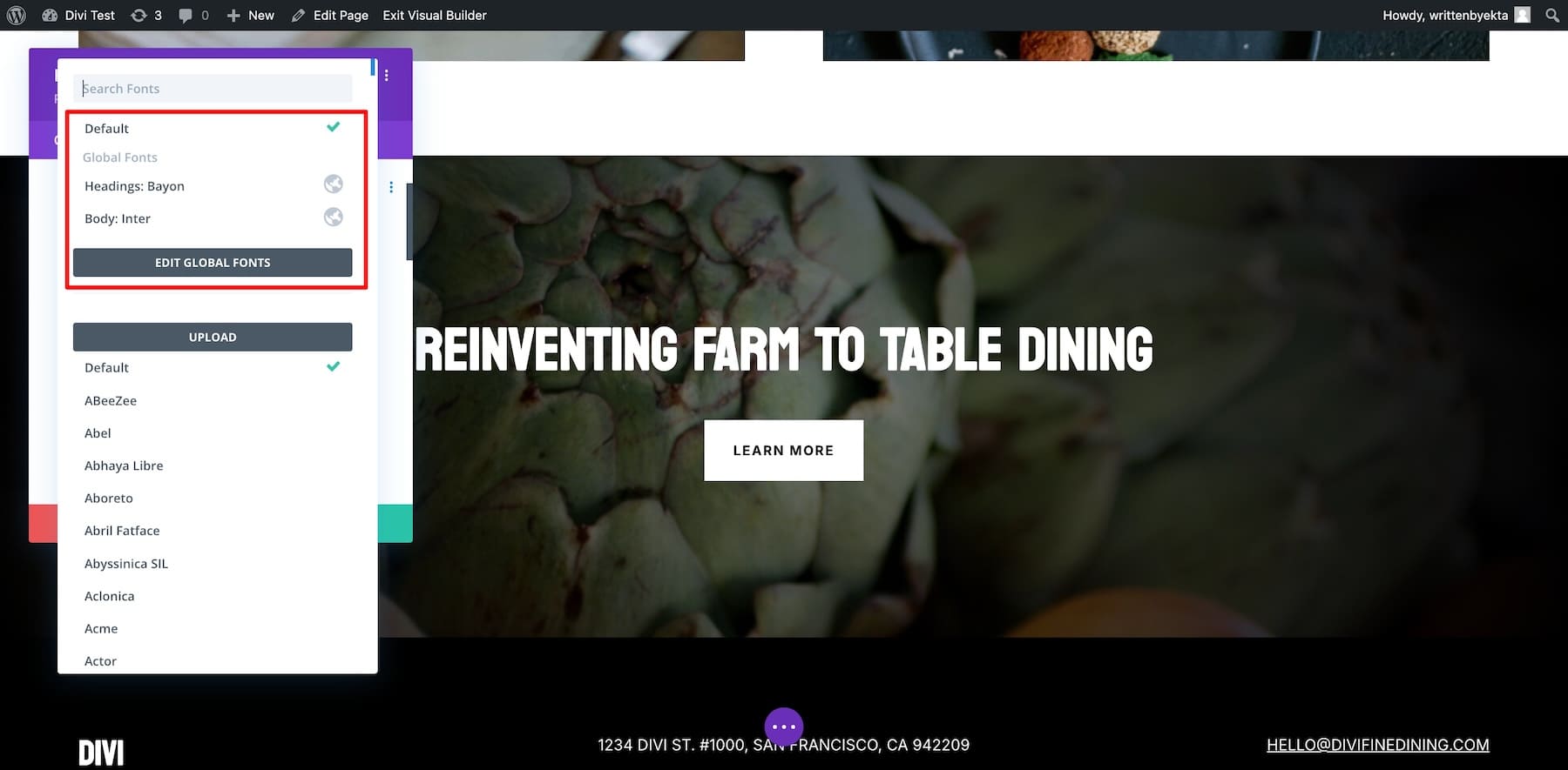 Edit global fonts from divi builder