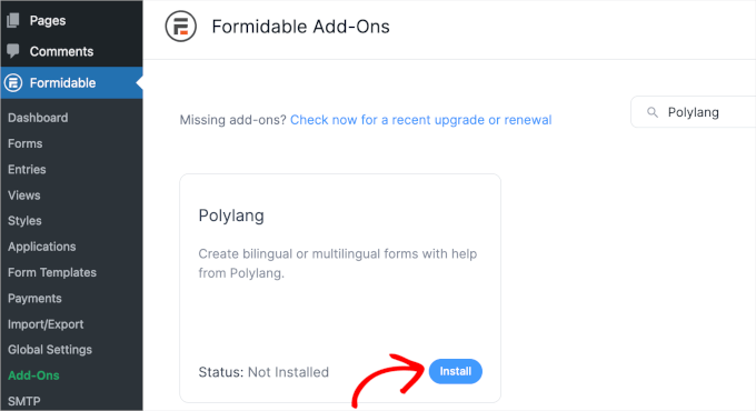 Polylang's install button on Formidable Forms