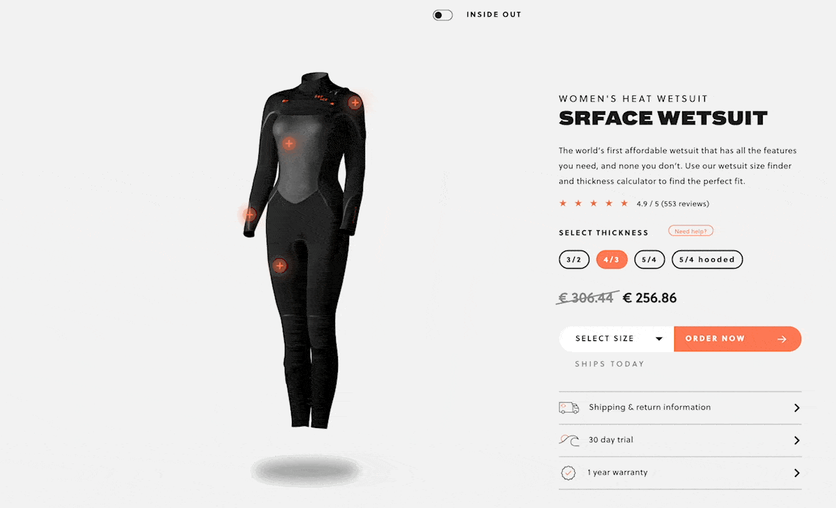 A GIF for a product page for a women's black wetsuit. It shows an image of the wetsuit, pricing information, size and thickness options, and product details such as shipping and warranty information. Throughout, the user navigates through the sizes, styles, and on-product information, which displays on-screen.