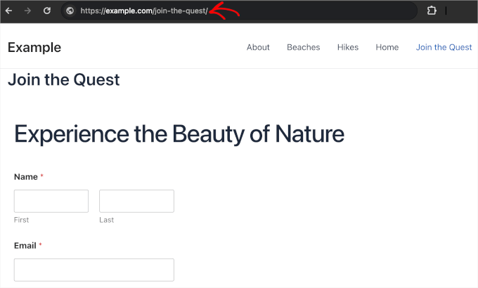 A contact page's URL on a live website