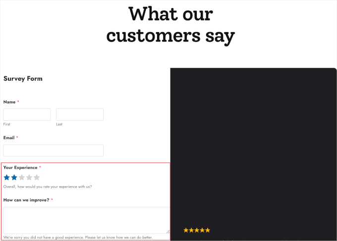 Survey form on a live website