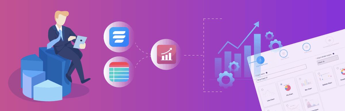 The Ninja Charts plugin header image from WordPress.org. It shows a businessman sitting on geometric shapes while using a tablet, connected to icons representing spreadsheets, charts, and analytics. A rising bar graph and dashboard elements are shown on the right-hand side.