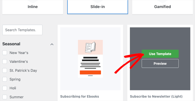 Subscribe to Newsletter template with Use Template highlighted