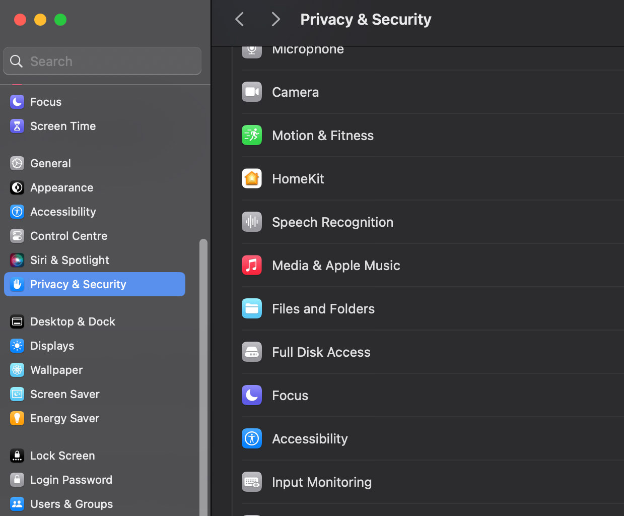 macOS Privacy and Security settings showing Accessibility options