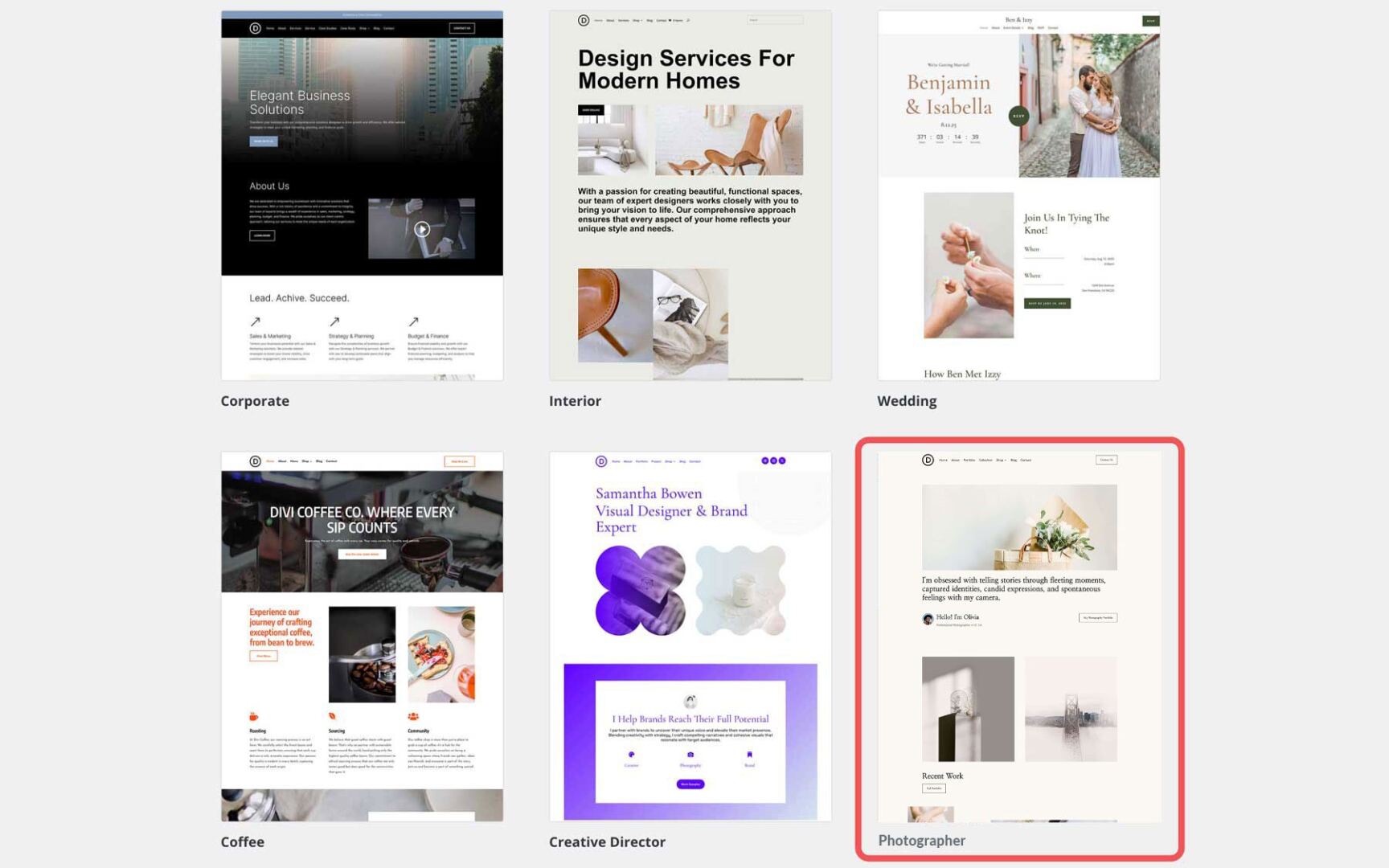 Photographer starter site for Divi