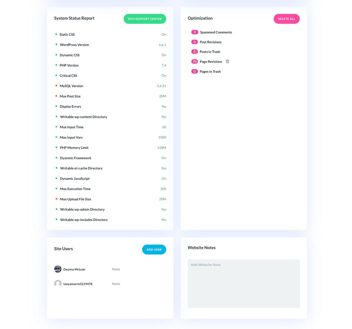 Divi Dash system status report