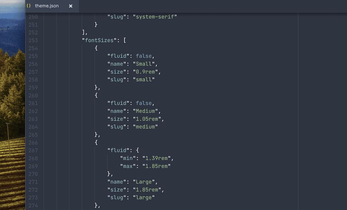 A close-up view of a code editor showing part of a WordPress theme.json file. The visible code defines font sizes, including Small, Medium, and Large with their respective sizes in rem units. The Large size includes a fluid typography setting. The editor uses a dark theme with syntax highlighting against a blurred forest background.