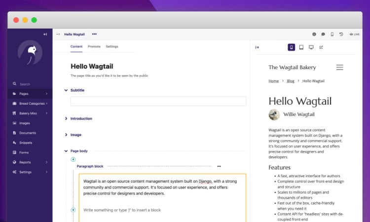 Wagtail open-source CMS built on Django