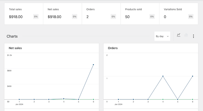 eCommerce reports, in the WordPress dashboard