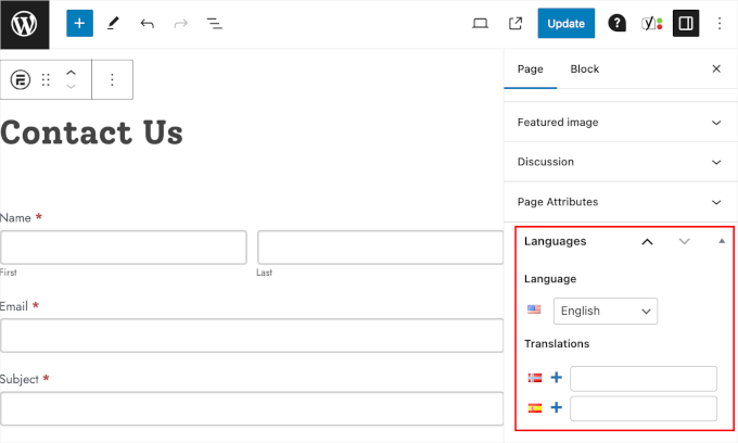 The Languages section on WordPress block editor