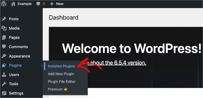 The Installed Plugins menu item on WordPress dashboard