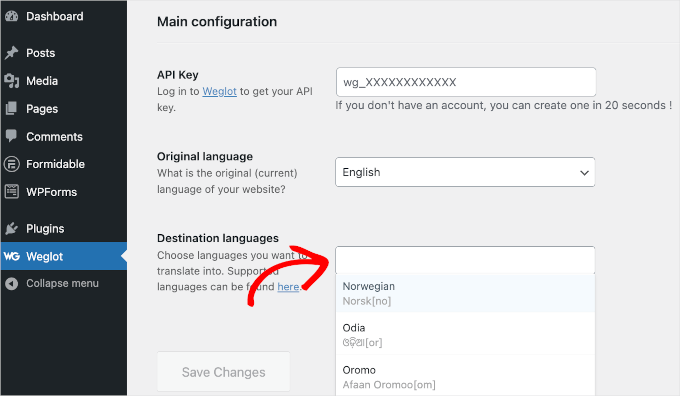 Weglot's Main Configuration area with a Destination Languages field