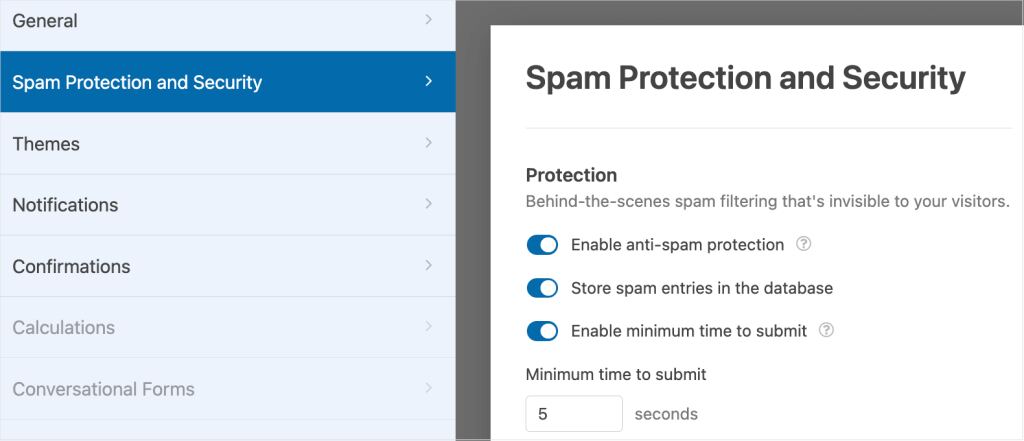 The Spam Protection and Security section in WPForms