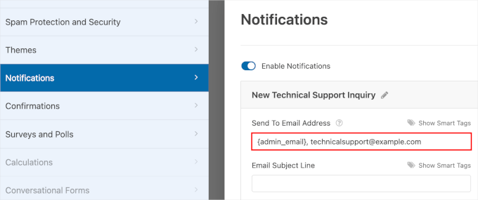 Adding the technical support email address to the Send to Email Address field